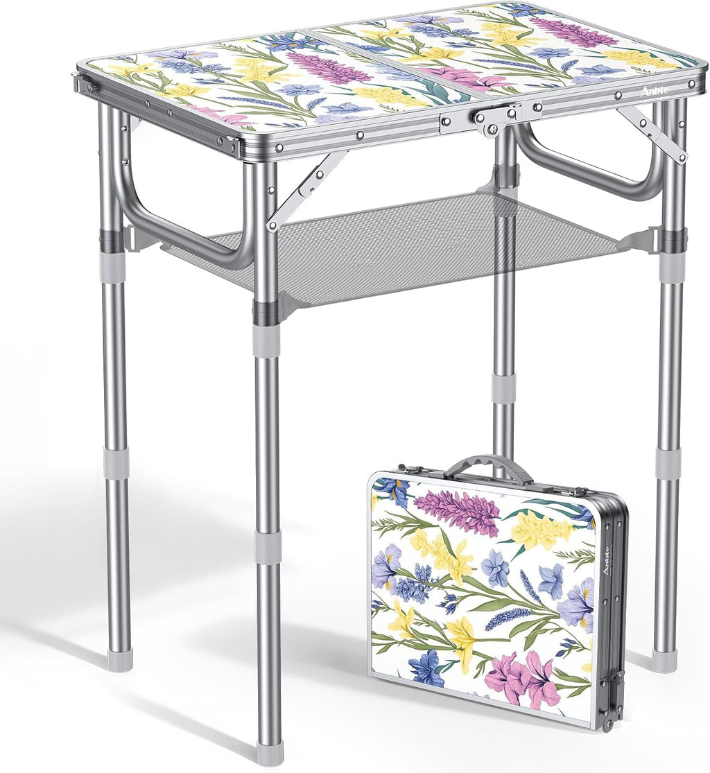 Anbte 2ft Small Folding Table, 3 Adjustable Height for Camping, 24" x 16"