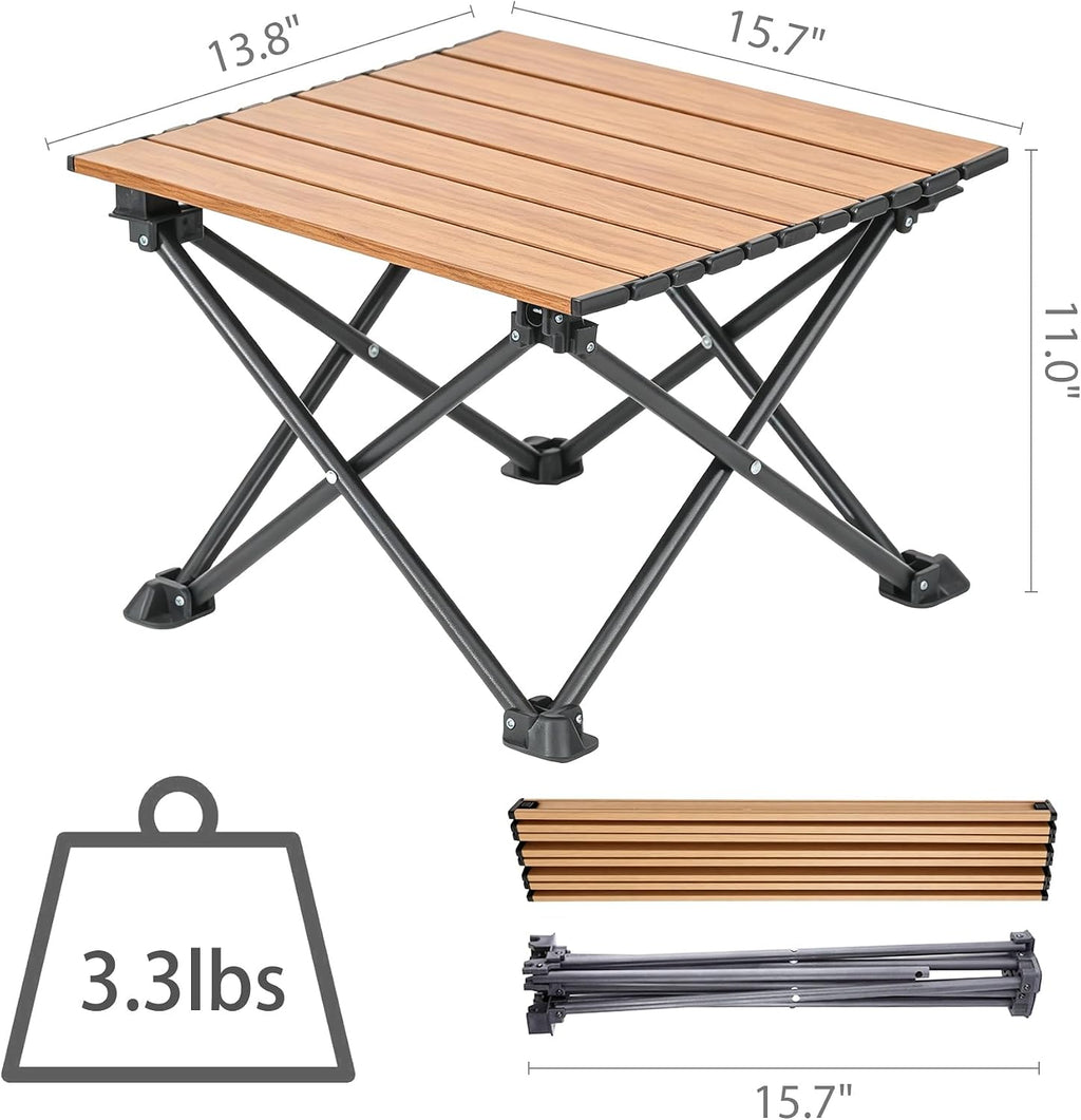 Wind Tour Roll-Up Camping Table, 4-Person Lightweight Portable Outdoor Table with Carry Bag for Picnics BBQ Travel (15.7”x13.7”x11”| Wood Grain)