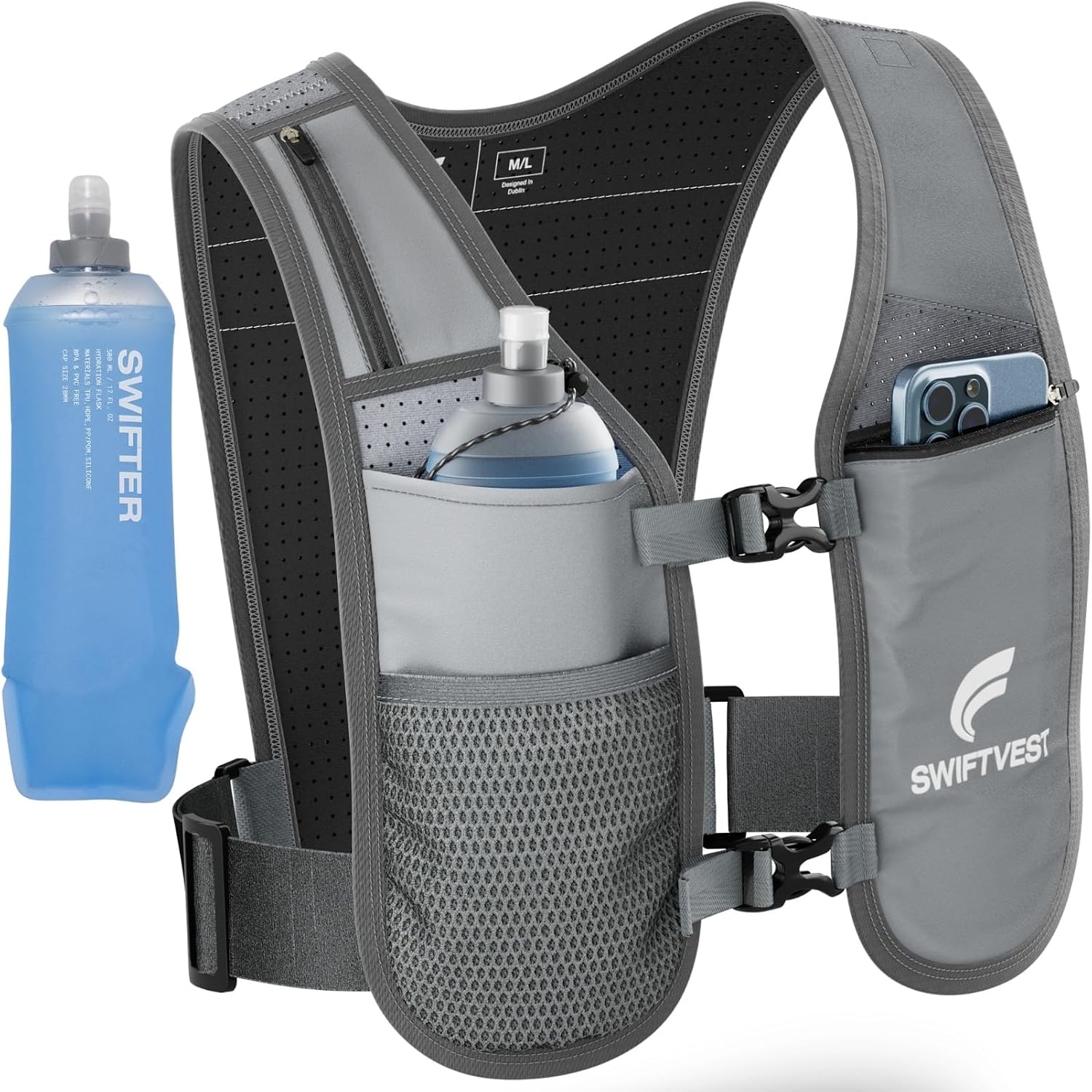 Running Phone Holder Vest with 500ml/17oz Water Bottle | Reflective Hydration Vest | Adjustable | Light | 6 Pockets for Running Accessories | Unisex