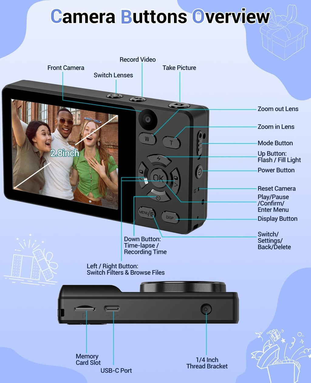 4K Digital Camera for Photography- 64MP Autofocus Vlogging Camera with Dual Lens, 18X Digital Zoom- Small Point and Shoot Camera with Card and 2000mAh for YouTube, Travel, Beginners (Black)