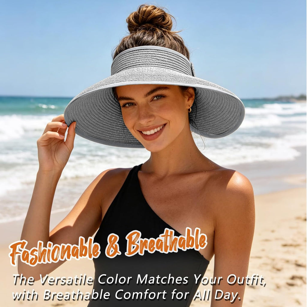 Sun Hats Visor for Women, UV UPF Straw Beach Hat Foldable Wide Brim Ponytail Summer Hats Packable Travel