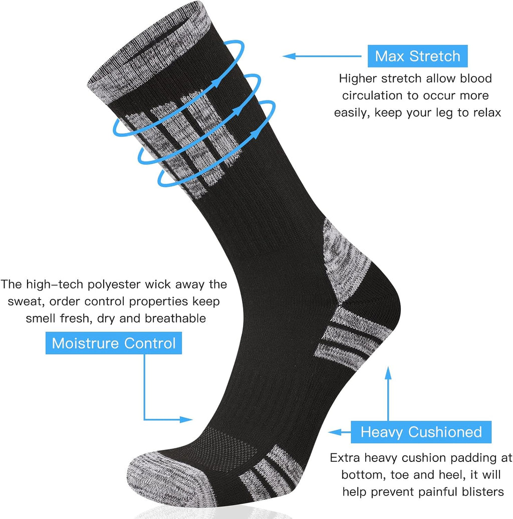 COOVAN Mens Hiking Crew Socks 5 Pairs Moisture Wicking Cushioned Boot Socks