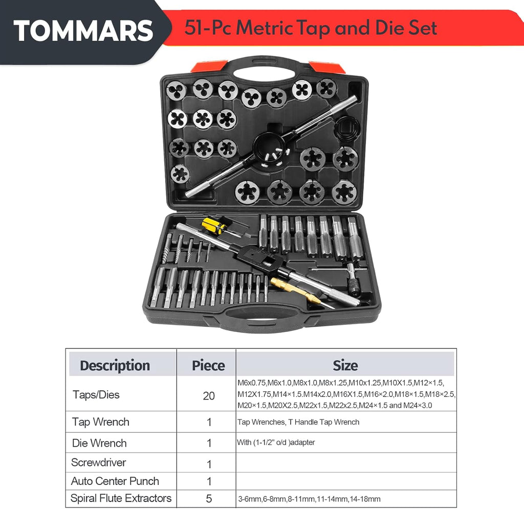 TOMMARS 51Pcs Jumbo Tap and Die Set, M6-M24 Metric Threading