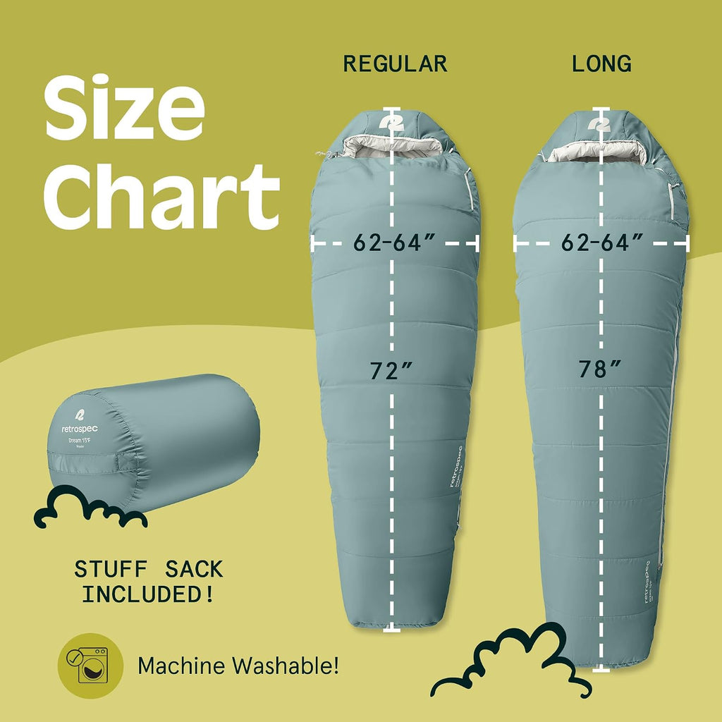 Retrospec Dream Mummy Sleeping Bag - 5, 15, & 30°F Cold Weather Camping & Travel Essential Gear with Water - Resistant Shell & Synthetic Fill - Zippered Pocket & Stuff Sack