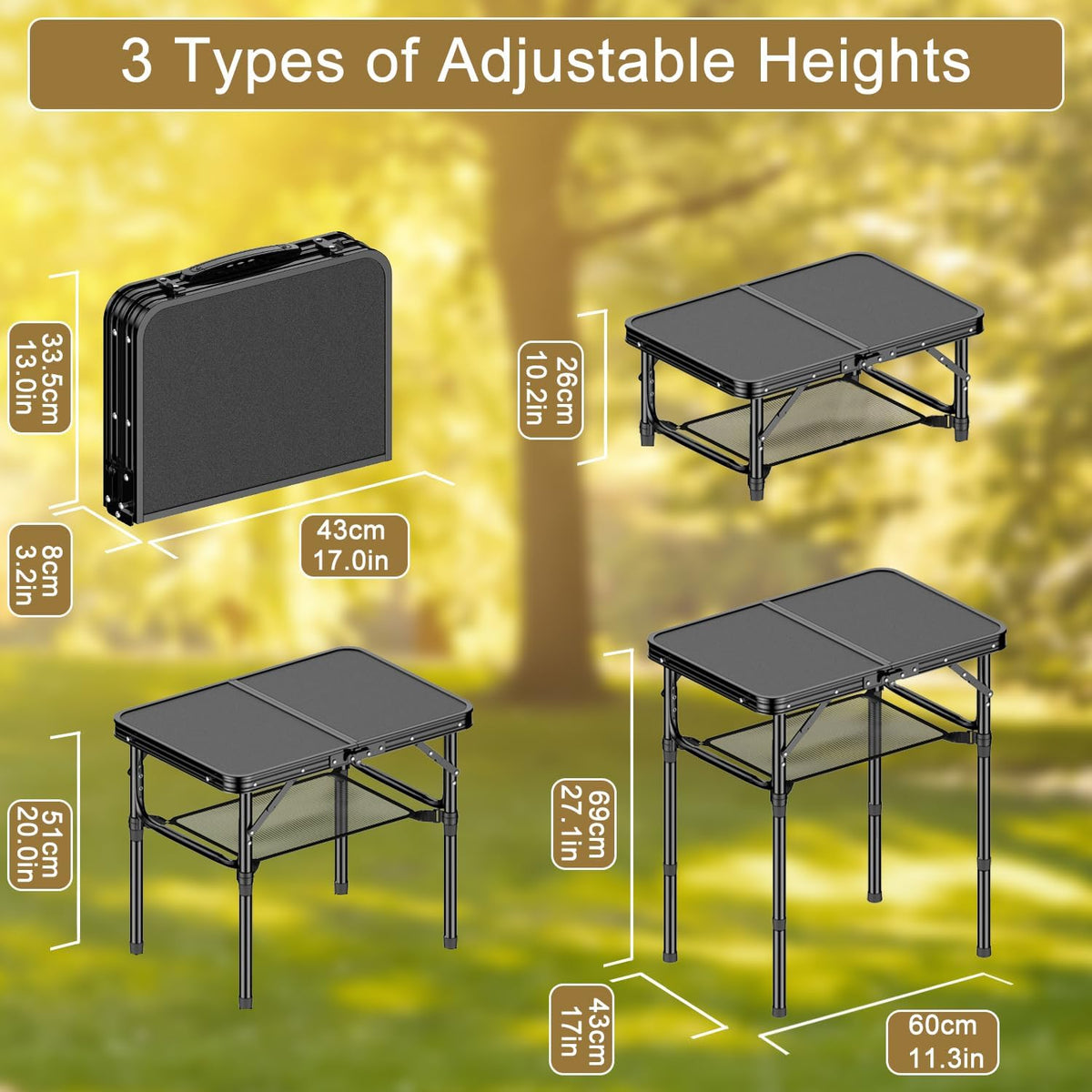 Folding Camping Table, 2 FT Folding Portable Camping Table, Outdoor&Indoor Picnic Table with 3 Adjustable Height Max 27.1",Lightweight Aluminum Camping Tables, Car Camping Essentials-Pure Black