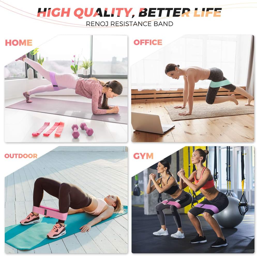 Renoj Resistance Bands for Working Out: 3-Set Professional Exercise Bands for Pilates, Yoga, Home Gym, Booty, Leg Training | Heavy/Medium/Light Fabric Loops for Women Men