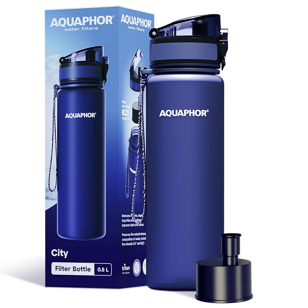AQUAPHOR City Water Filter Bottle 17 oz | Reusable & Portable Filtered Water Bottle | BPA-Free | Perfect for Camping, Travel, Indoor & Outdoor Use | Blue