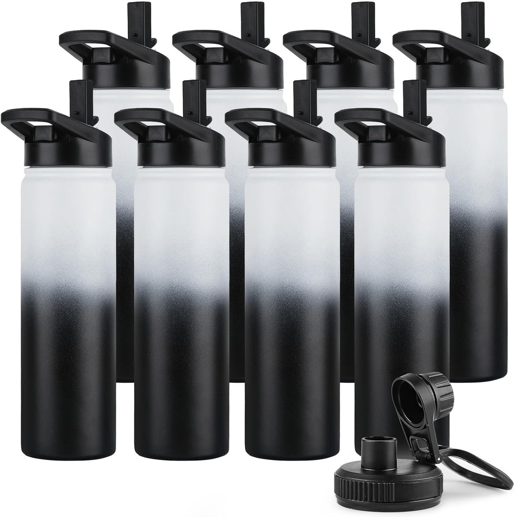 DOMICARE Insulated Water Bottle, 22 oz Vacuum Insulated Stainless Steel Reusable Sports Bottle with Straw Lid & Spout Lid for Travel, Camping, Bike, Leakproof, Black/White, 8 Pack