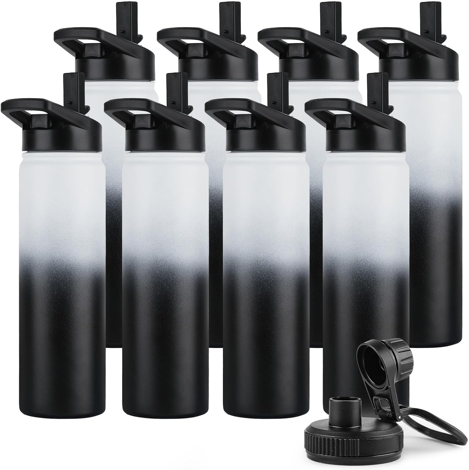 DOMICARE Insulated Water Bottle, 22 oz Vacuum Insulated Stainless Steel Reusable Sports Bottle with Straw Lid & Spout Lid for Travel, Camping, Bike, Leakproof, Black/White, 8 Pack