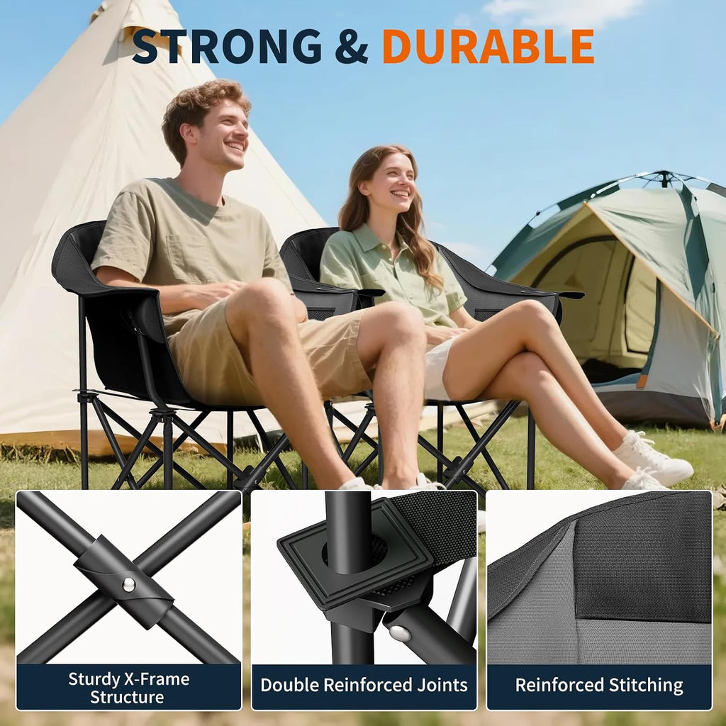NAIZEA Padded Camping Chair, Outdoor Folding Chair, Portable Heavy Duty Arm Chairs with Side Pockets, Cup Holder for Beach, Lawn, Picnic, Fishing, Backpacking