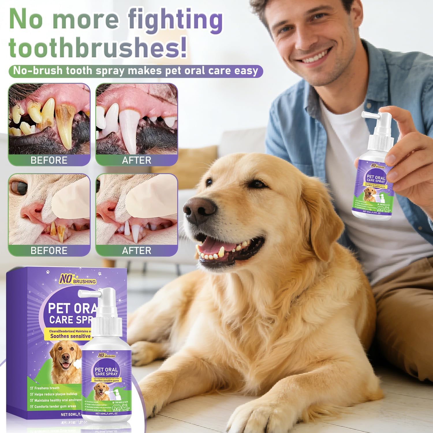Wanban Dental Spray for Dogs - Oral Spray Bad Breath, Relieve Gum Redness & Infections, Reduce Plaque & Tartar, No Brushing Required
