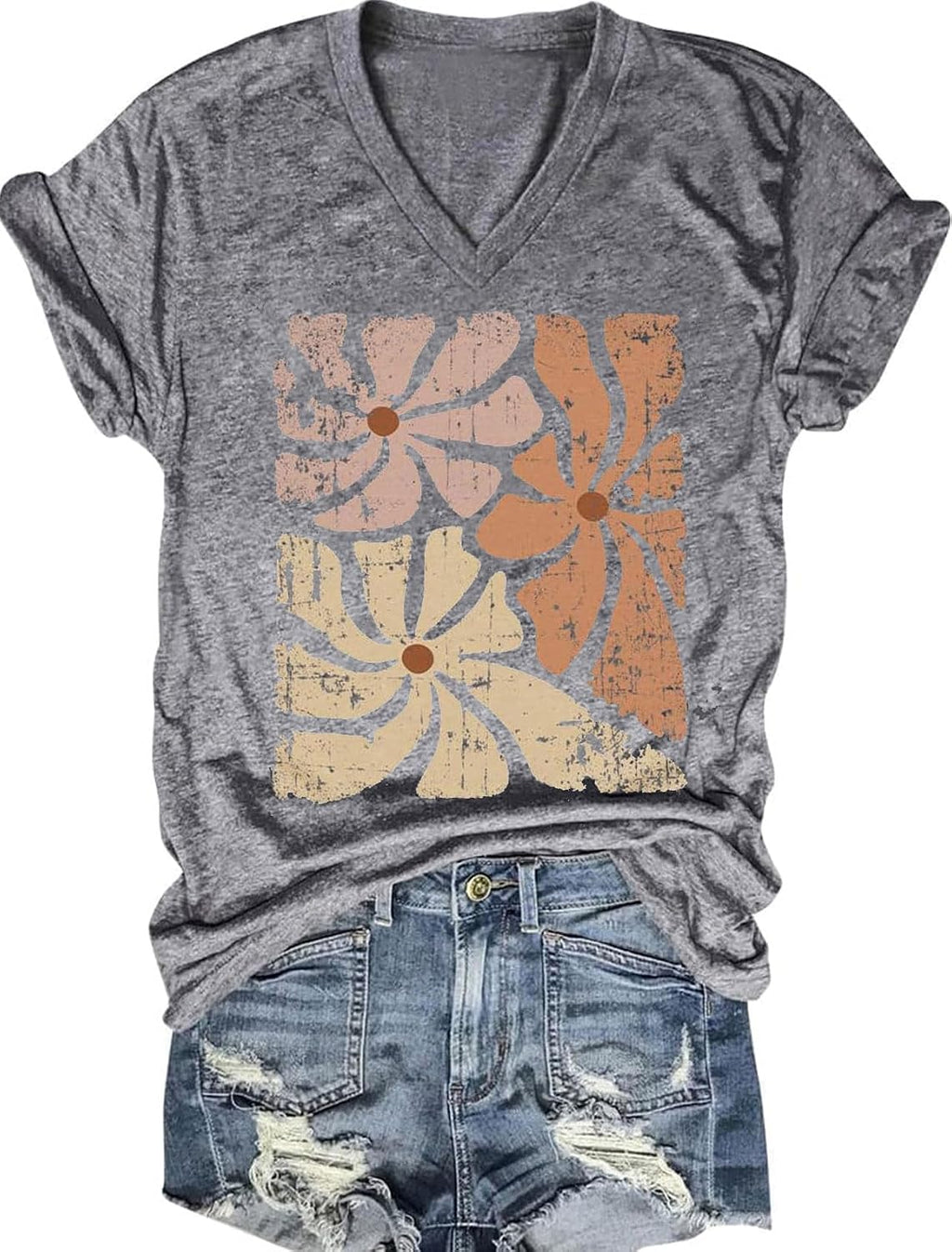 Vintage Boho Tops for Women V-Neck Flowers Shirt Spring Graphic Tees Floral Print Summer Casual Short Sleeve Tshirt Top