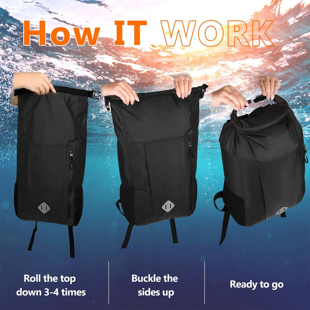 Drybag backpack waterproof, IPX68 100% Waterproof Dry Bag Backpack with Roll-Top Sealed Design, Keeps Gear Dry for Canoe, Kayaking, Water Sports Vacation, Rafting Travel & Surfing (WL005black)