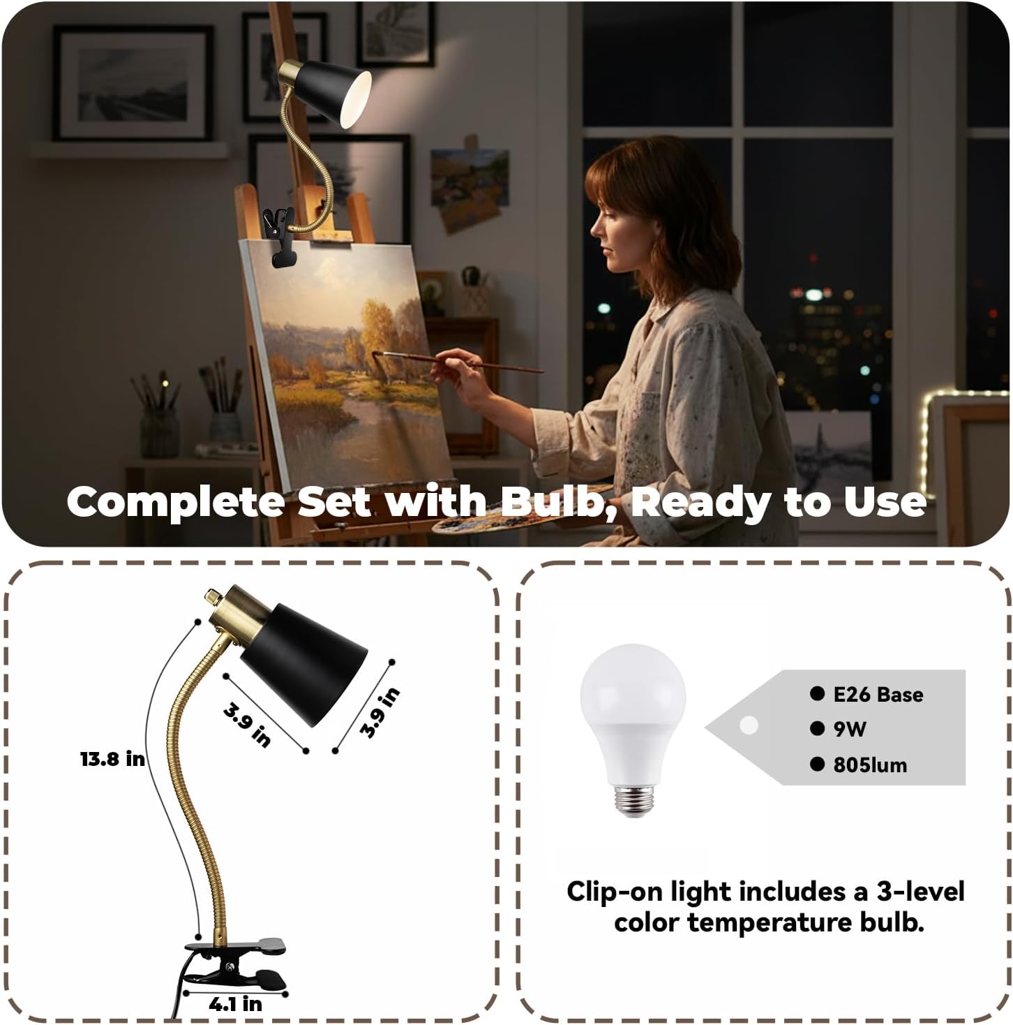 LALISU Desk lamp Eye-Caring Table Lamps 360°Rotation Gooseneck Clip on Lamp