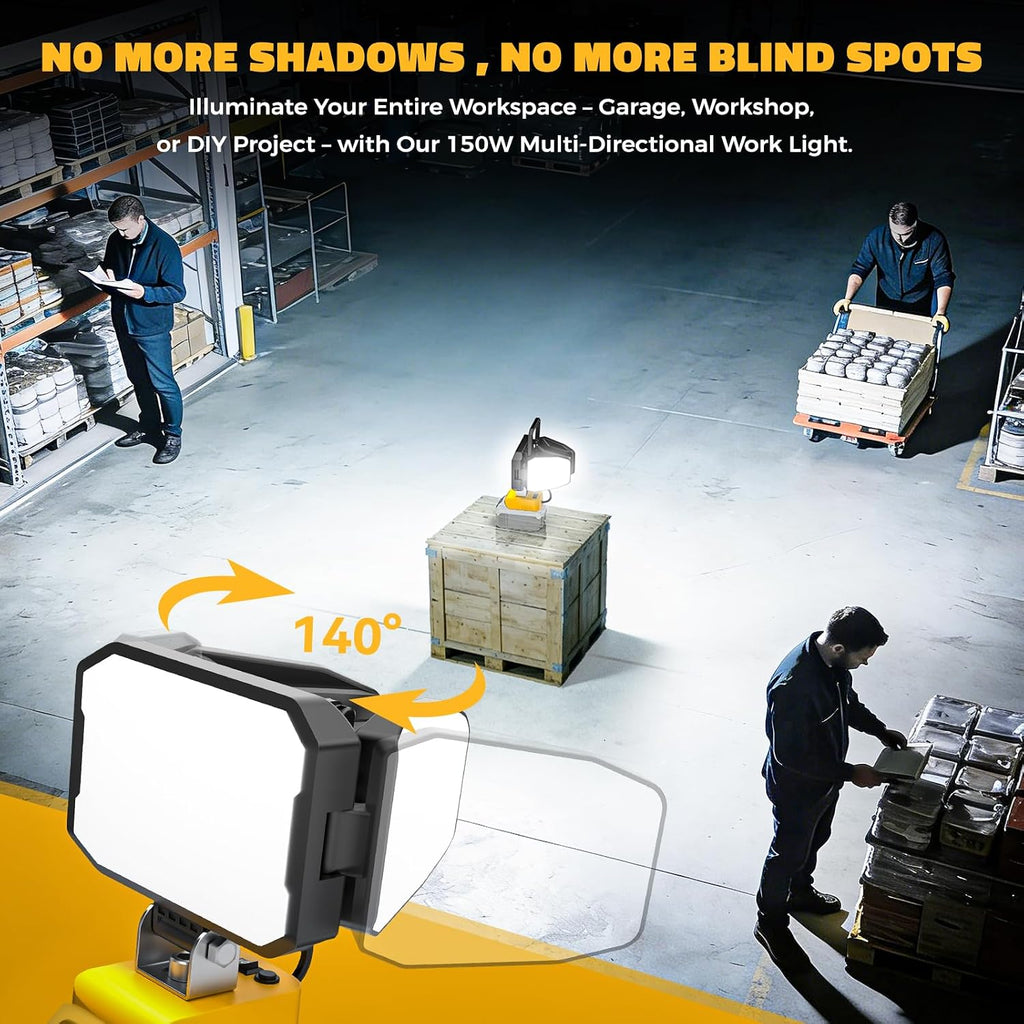 LED Work Light Compatible with DeWalt 20V Battery, 150W 15000LM Flood Light, 6500K Daylight 3-Head Adjustable, USB Type-C&2 Brightness Modes Portable Flashlight Job Site Light (Tool Only)