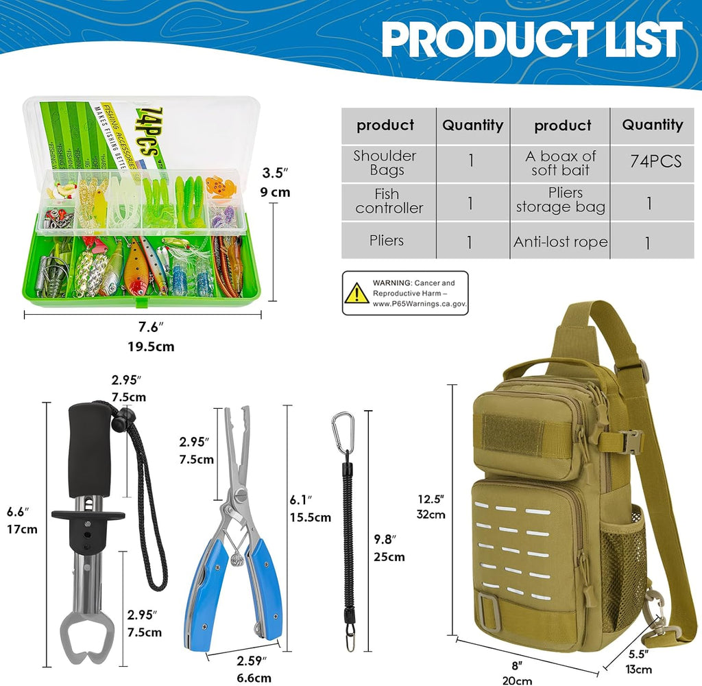 THKFISH 79 Pcs Fishing Tool Kit, Fishing Backpack with Tackle Boxes Fishing Pliers Kit Fishing Bait Lure Gear Kit Include Fish Hook Remover, Fishing Lures, Lip Gripper