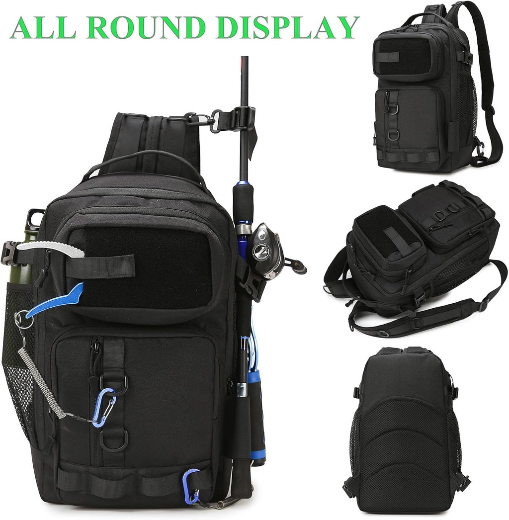 Fishing Backpack - Tackle Sling Bag- Fishing Gear Bags with Rod Holder and Fish Plier (Tan)