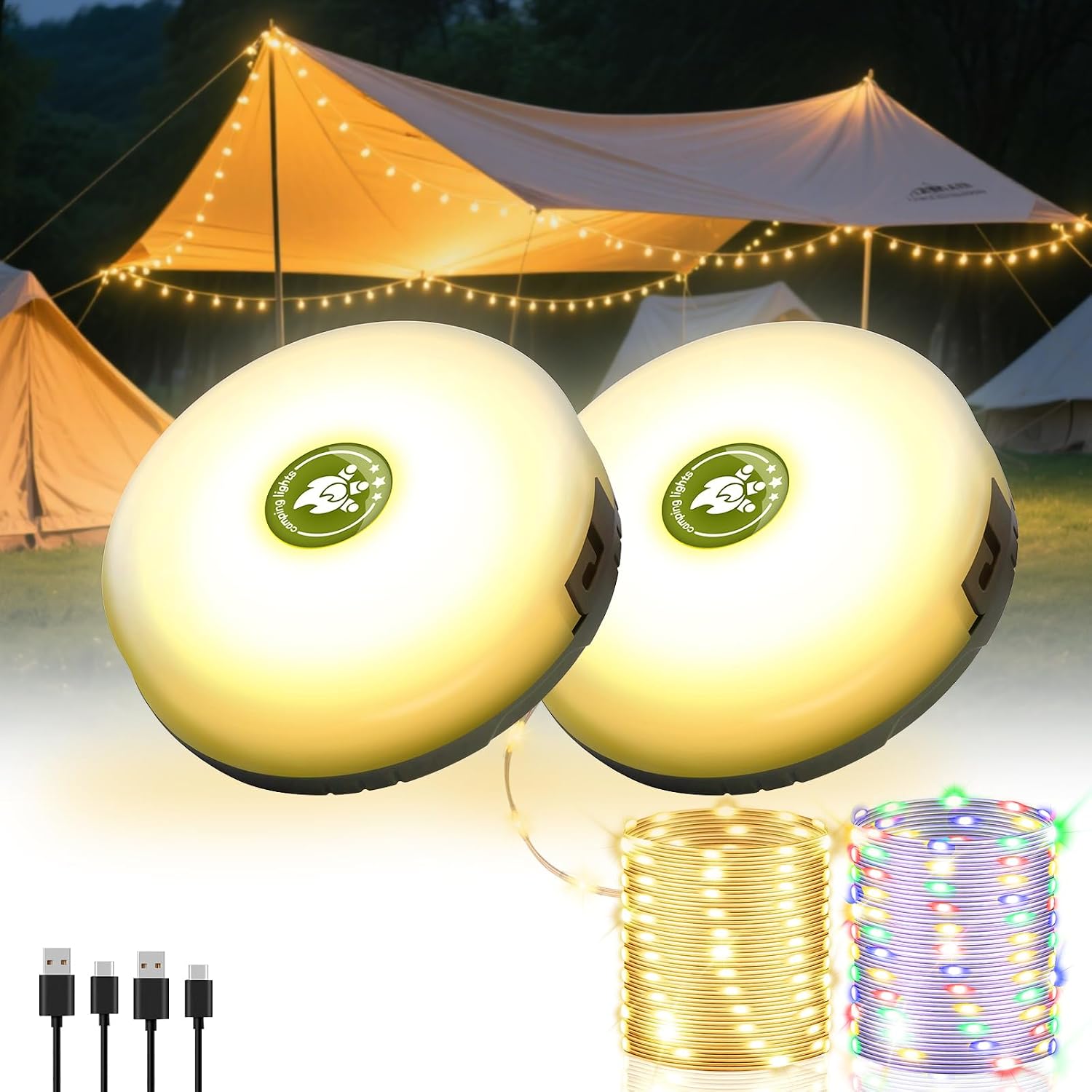 2 Pack Camping String Lights 4 in 1, 8 Modes Rechargeable Fairy Tent Lights