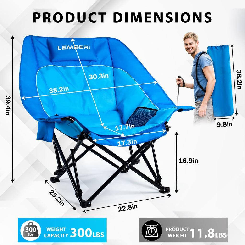 PRETZI Outdoor Oversized Camping Chair, Heavy Duty Support 500 LBS for Adults, Portable Folding Wide Lawn Chair with Headrest Support and Cup Holder, Low Camping Chair for Fishing, Garden, Blue