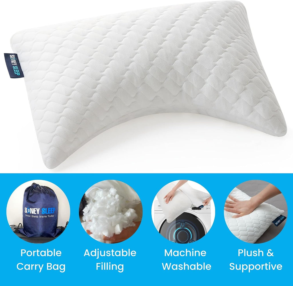 Sidney Sleep Mini Travel Size Neck Pillow - Knee, Back Lumbar and Support - Small Curved Pillow - 14 x 19 Inches - Adjustable Loft - Washable - Drawstring Backpack Included (White)