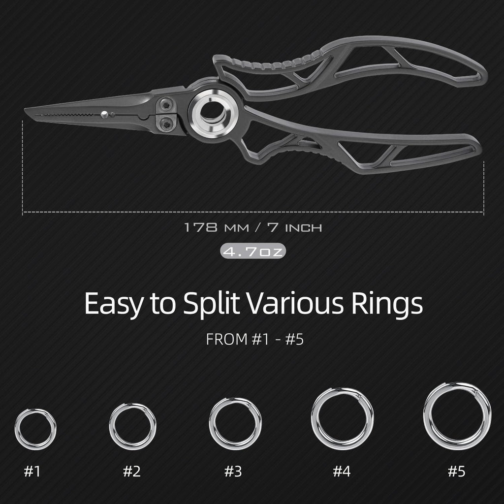 Gomexus 7 Inch Fishing Pliers and Titanium Plating, Saltwater Resistant Fishing Gear, Line Cutter, Hook Remover, Stainless Steel Split Ring Pliers with Carbide Blade-EXOSKELETON 7"