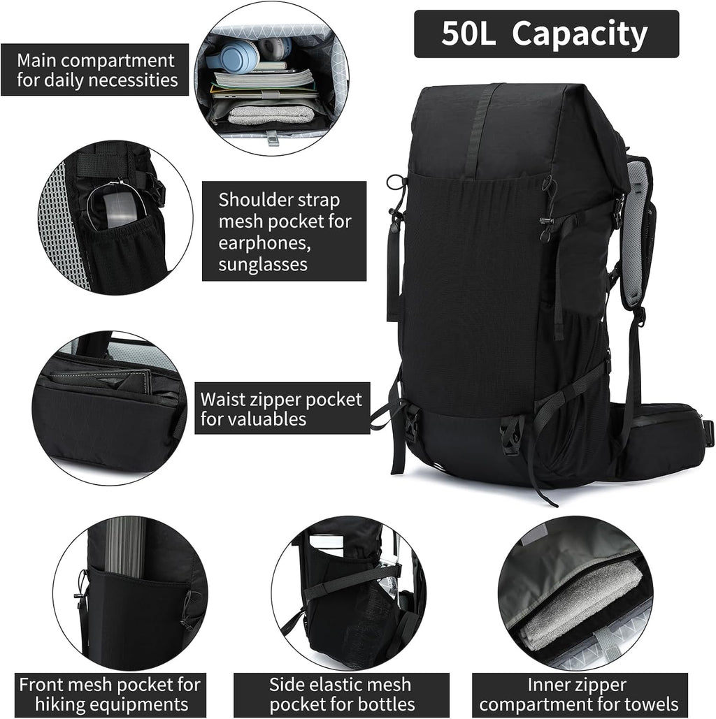 Hiking Backpack,40L to 50L Extra Large Capacity Hiking Bag,Internal Frame Camping Backpack,Upgraded X-PAC Lightweight Sport Daypack Travel Backpack Fit For Mountain Climbing Camping(Black)
