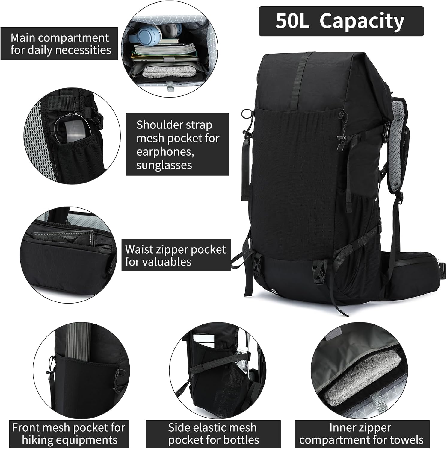 Hiking Backpack,40L to 50L Extra Large Capacity Hiking Bag,Internal Frame Camping Backpack,Upgraded X-PAC Lightweight Sport Daypack Travel Backpack Fit For Mountain Climbing Camping(Black)