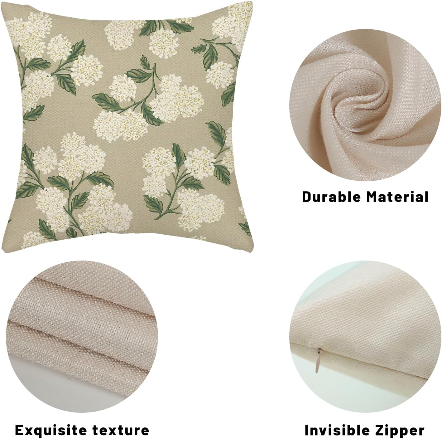 Beige Spring Pillow Covers 18x18 Inch 2 Pcs Khaki Green Hydrangea Flower Decor Throw Pillows Vintage Floral Seasonal Summer Outdoor Decoration Pillowcase Linen Cushion Cover for Couch Sofa