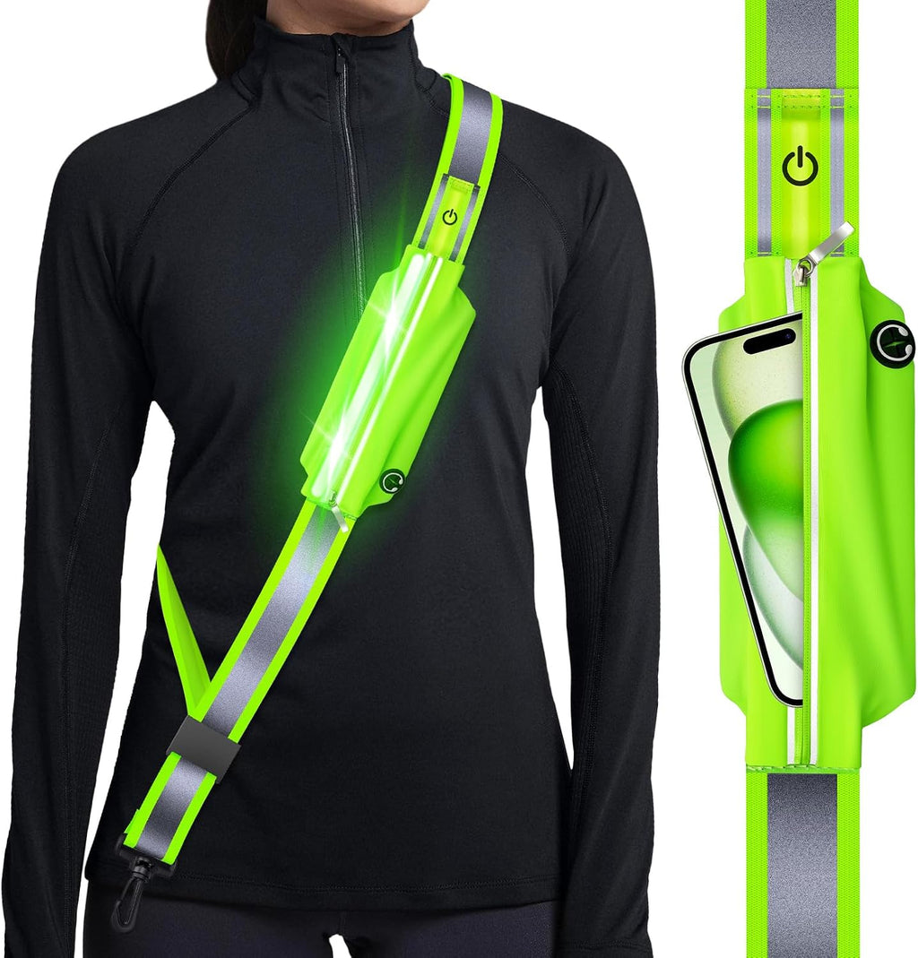 Ylzzrs Reflective Sash Gear for Walking at Night,LED Reflective Belt Safety Lights,Lights for Night Dog Walking,High Visibility Type-C Rechargeable with Phone Holder for Men Women