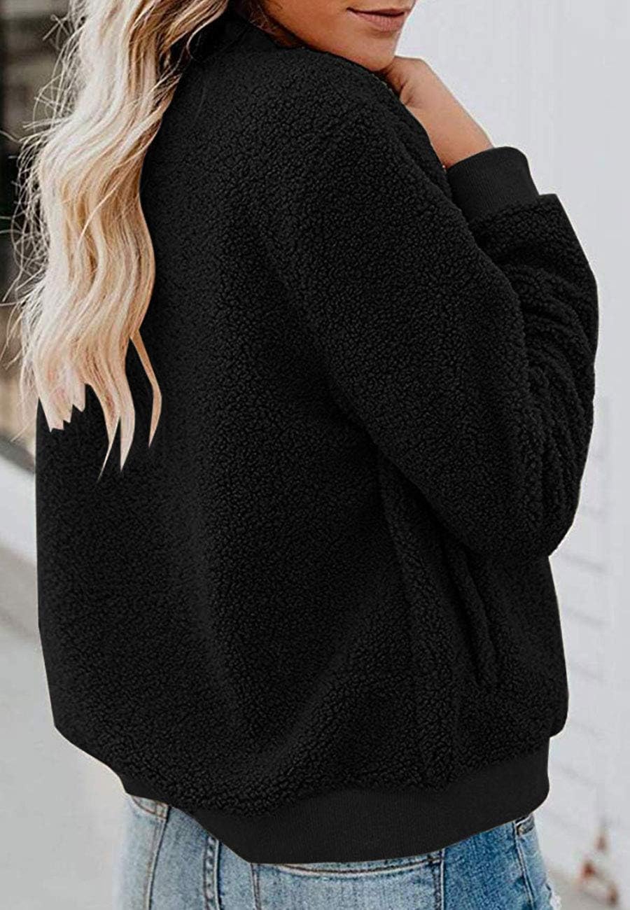 MIROL Women's Fall Fleece Bomber Jacket Trendy Sherpa Winter Coat Fuzzy Casual Long Sleeve Zip Up Loose Fit Jackets
