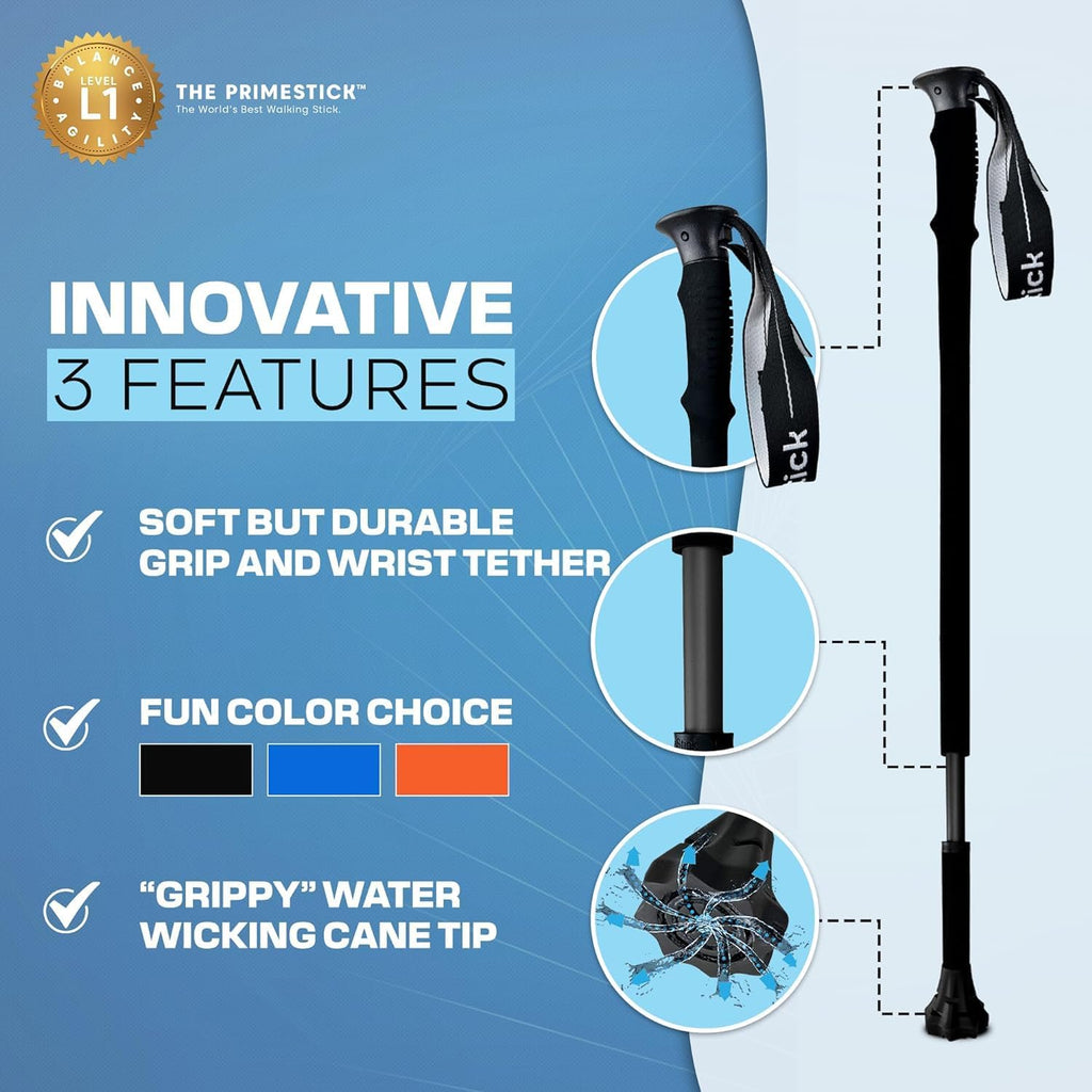 Dynamo - Prime Stick - 3-in-1 Cane - Vertical Balance-Posture Cane, Walking Stick, Trekking Pole, A Durable Foam Grip, Hand Tether, Lightweight, Twist Adjustable, Hiking, Stability Stick - Purple