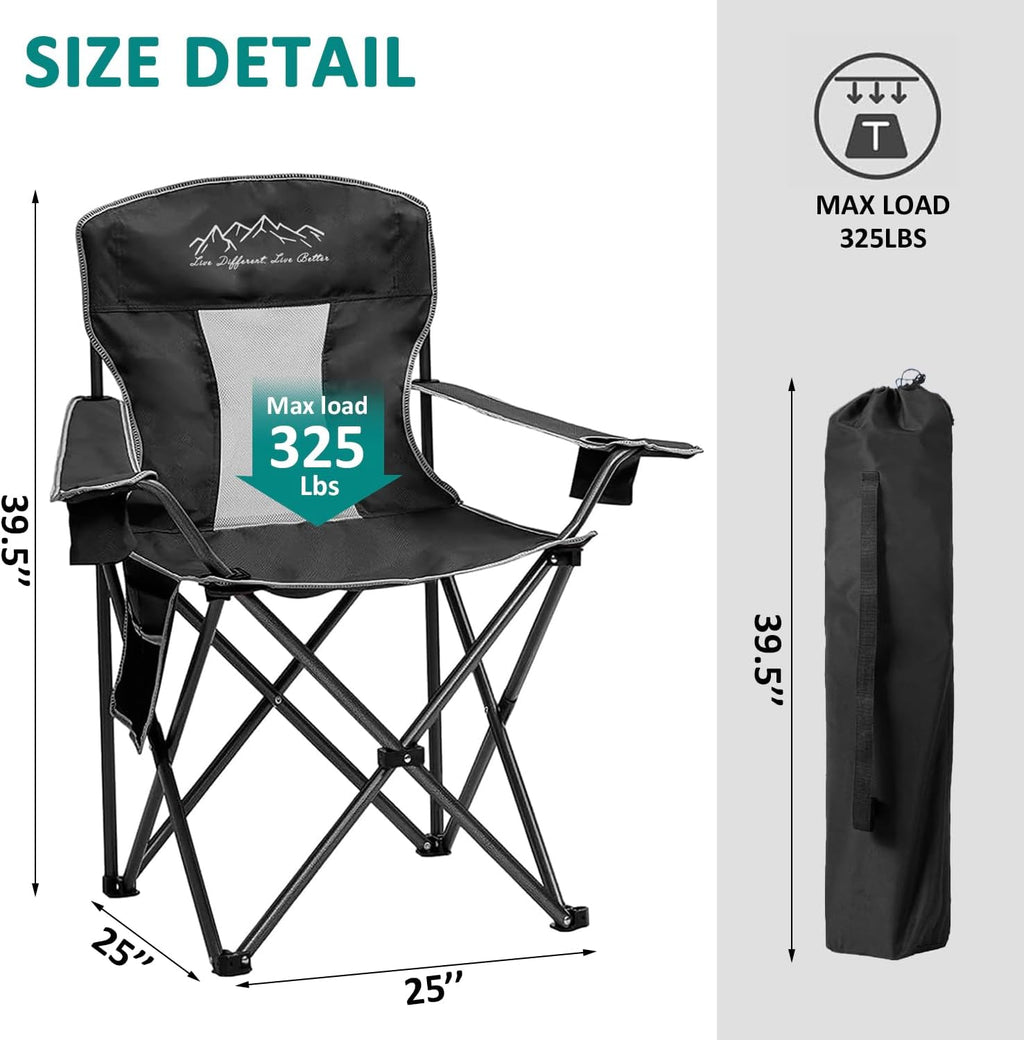 2PCS SAILARY Mesh Folding Camping Chairs, Oversized Portable Outdoor Chairs, Weight Capacity 325 lbs with Cup Holder, Storage Pocket, Carry Bag Black