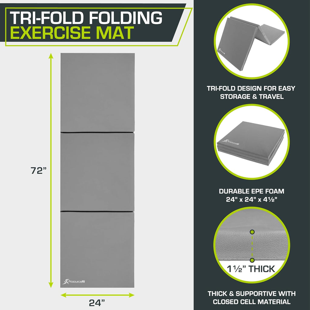 ProsourceFit Tri-Fold Folding Thick Exercise Mat 6’x2’ with Carrying Handles for MMA, Gymnastics Core Workouts, Grey