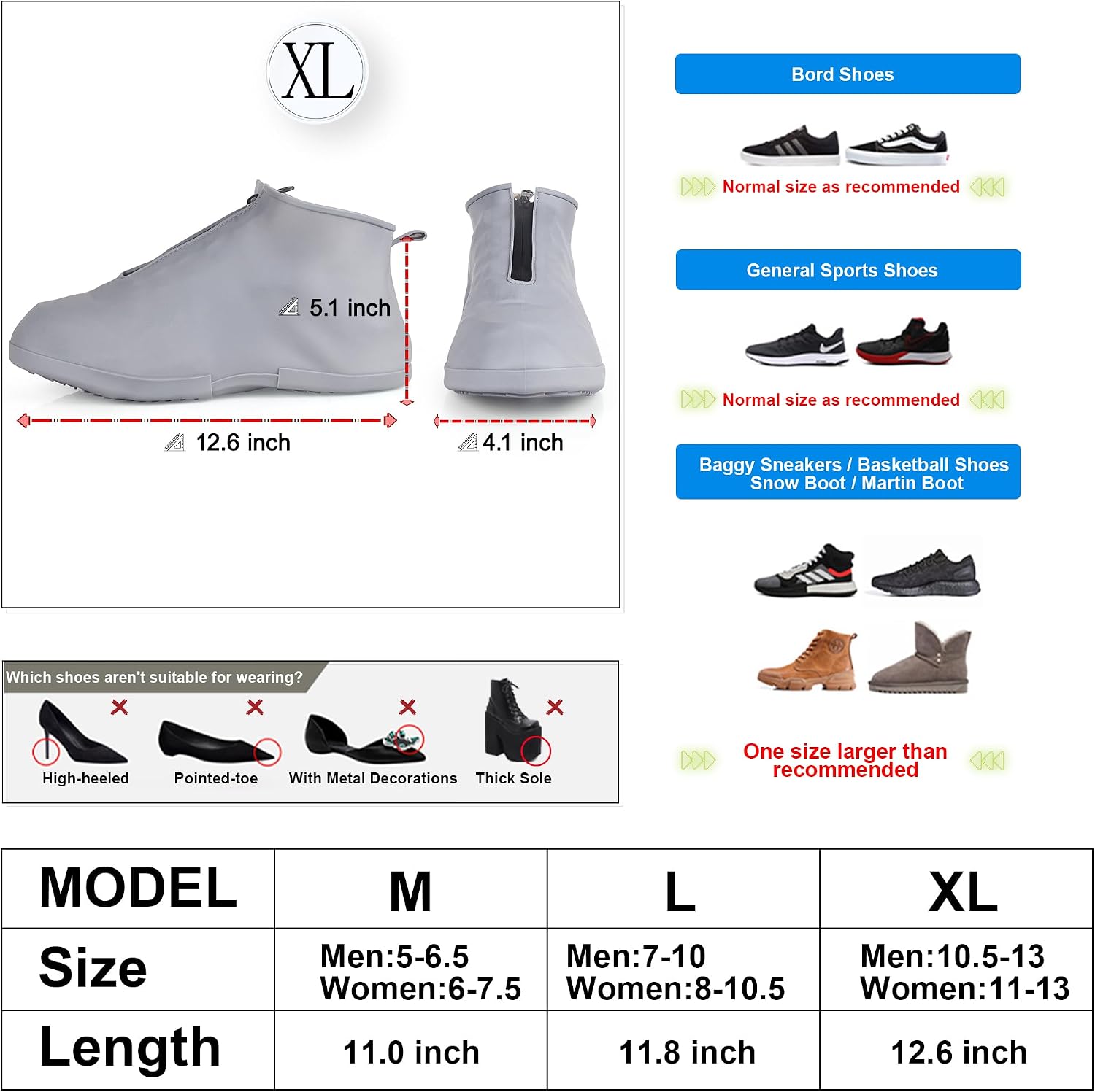 Waterproof Shoe Covers Slip-Resistant Overshoes Newly Upgraded and Latest Model for Men Women, Reusable Rain Boots for Outdoor, Cycling, Hiking, Work (Grey, XL (Women 11-13, Men 10.5-13))