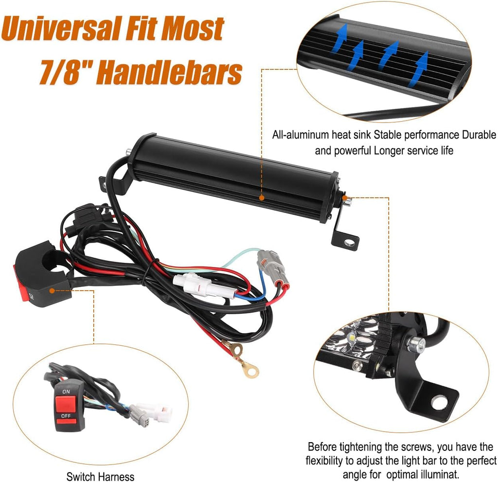 Motorcycle LED Light Bar & ON-Off Switch Headlight kit for CRF110 CRF250F KLX110 TTR110 TTR110E RM85 YZF450 60W Motocross LED Light Kit Universal for 7/8" 22mm Handlebars Pit Dirt Bike Plug and Play