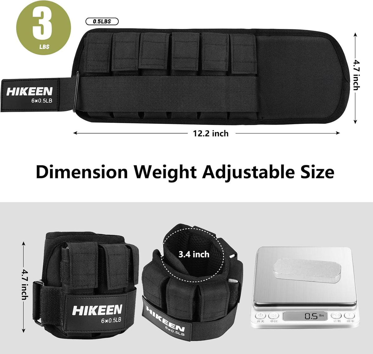 Hikeen Ankle Weights for Women Men 1 pair Adjustable Ankle Weights 1 2 3 LBS Metal Block with Separate Pockets Leg and Hand Weights For Walking Running Exercises