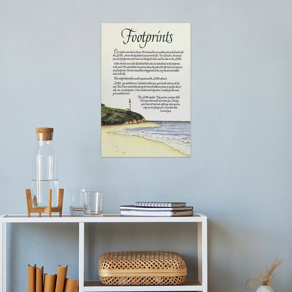 Footprints in the Sand Religious Canvas Wall Art Posters, Inspirational Beach Sunset Poem Print Poster (Unframed 20x30inch, Footprints(5))