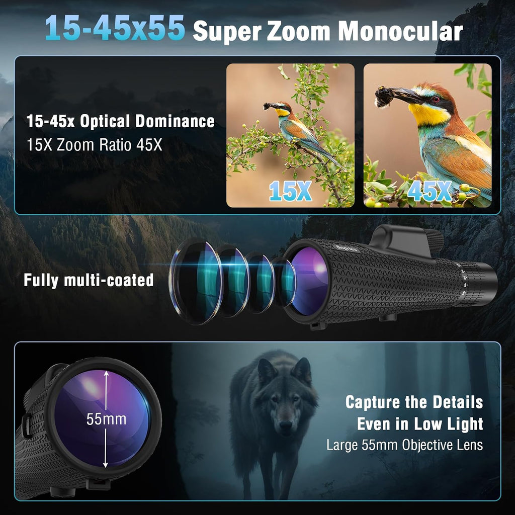 15-45x55 High Power Zoom Monocular Telescope for Adults Bird Watching