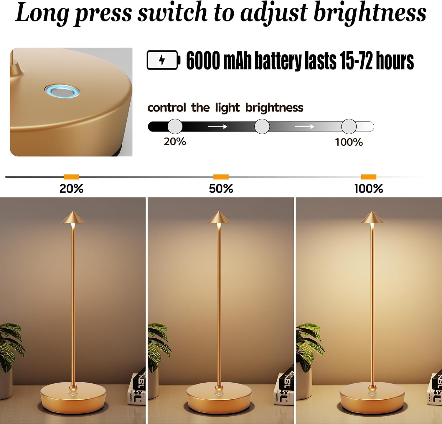Rechargeable Cordless Table Lamp, Portable Powered LED Battery 6000mAh Metal USB Desk Lamp, 3 Levels Brightness Light for Restaurants Outdoor (Gold)