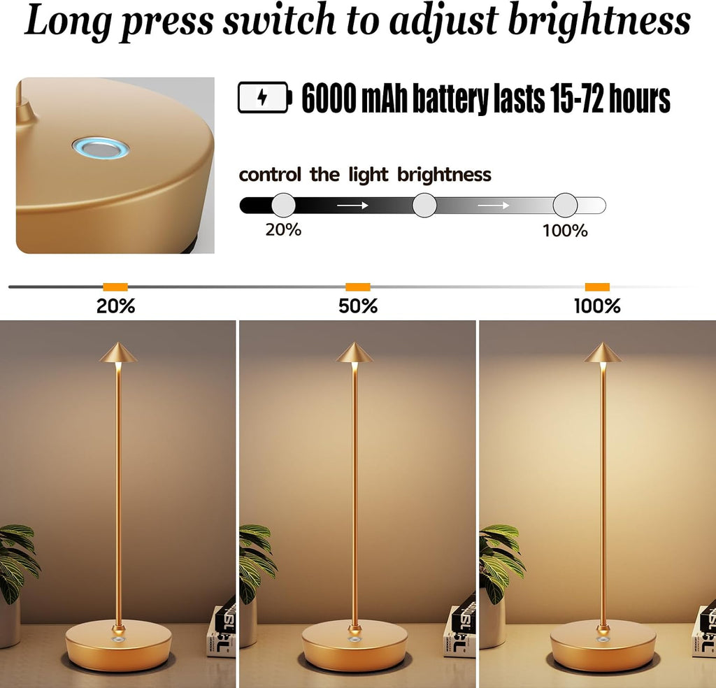 2Pack Rechargeable Cordless Table Lamp, Portable Powered LED Battery 6000mAh Metal USB Desk Lamp, 3 Levels Brightness Light for Restaurants Outdoor (2pack Gold)