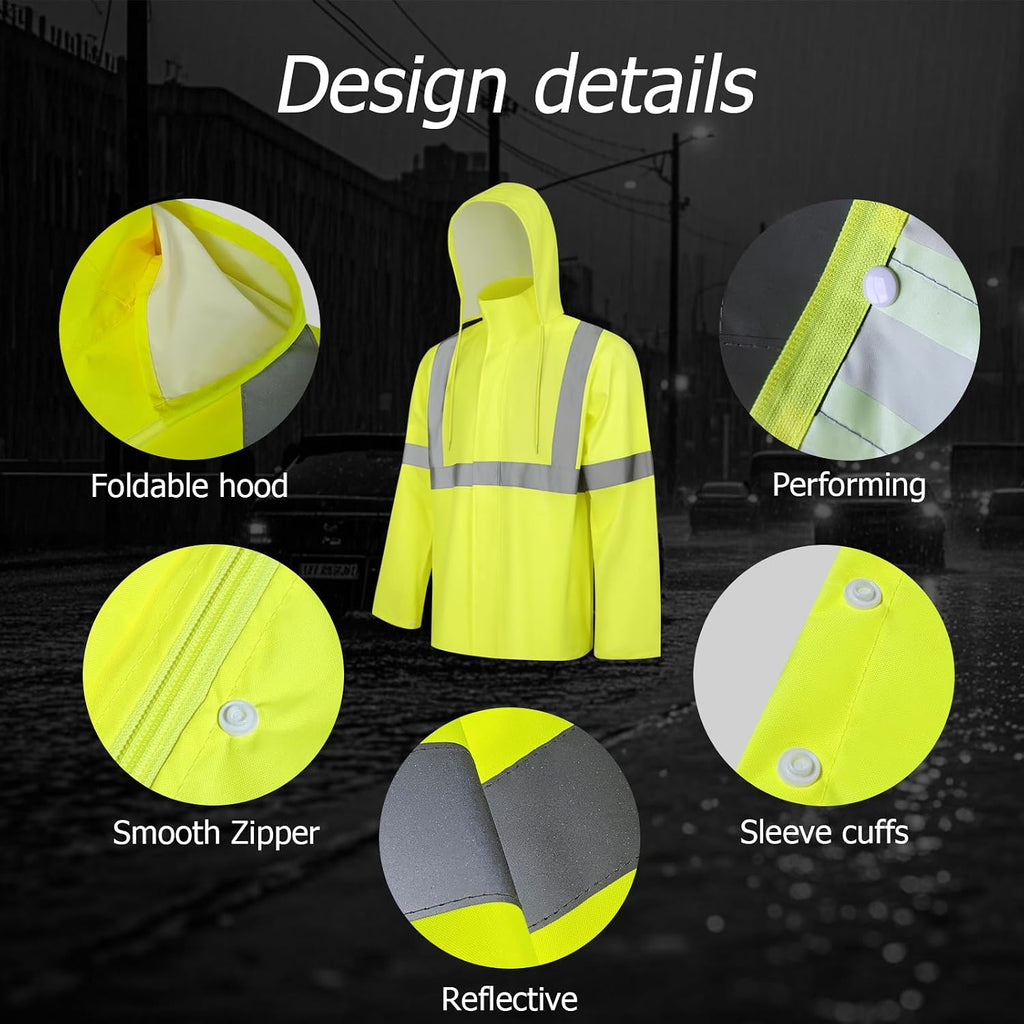High Visibility Rain Coat, High Vis Rain Suit for Men, Waterproof Rain Jacket with Hood, Class 3 Lightweight Hi Vis Rain Gear for Outdoor Activities& Safety Work, Men Women, Yellow T, S-M