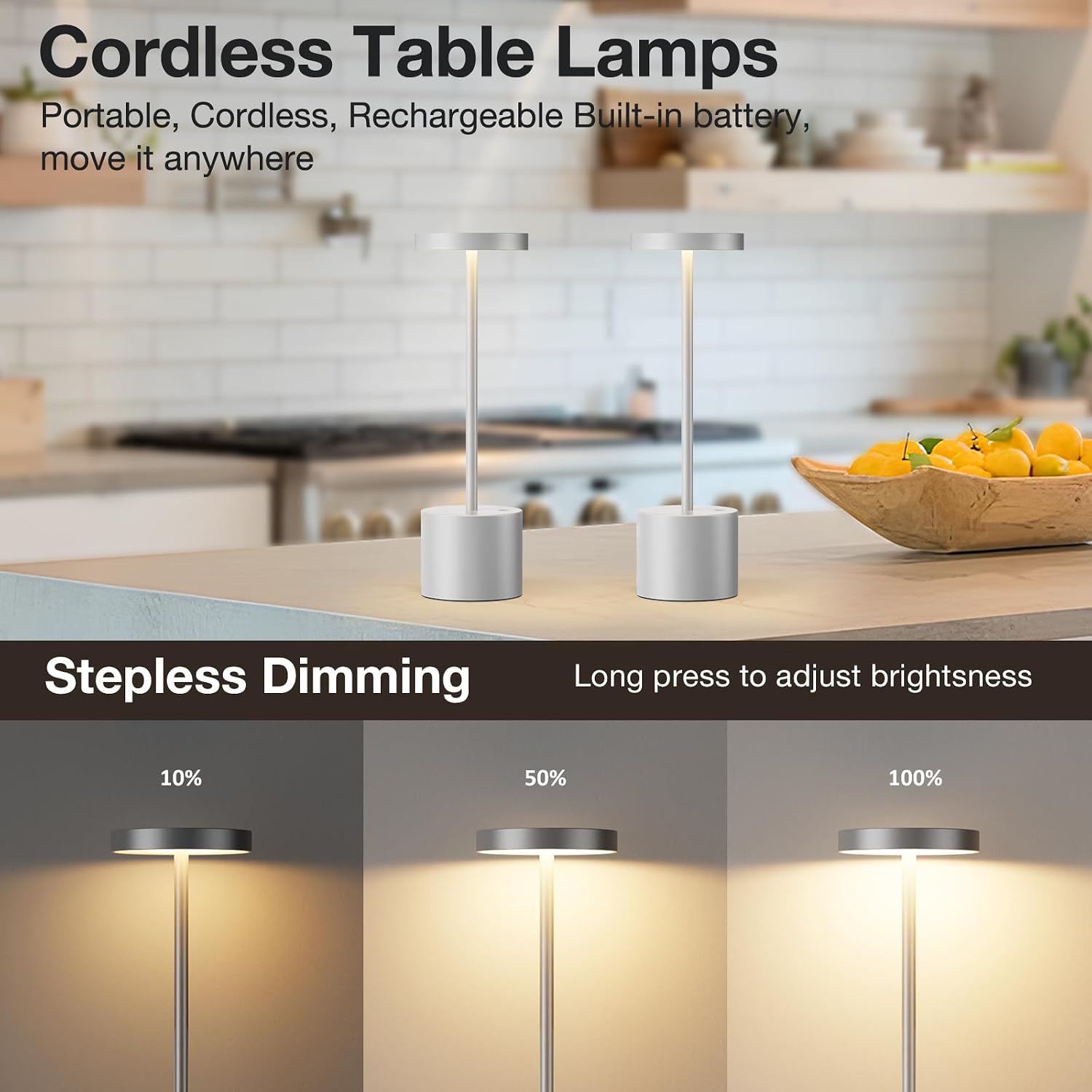 Kakanuo Silver Gray Cordless Lamp Set, Rechargeable Lamp, 3 Color Temperature, LED Outdoor Wireless Lamps, Battery Operated Lamps, Stepless Dimmable, Touch Control