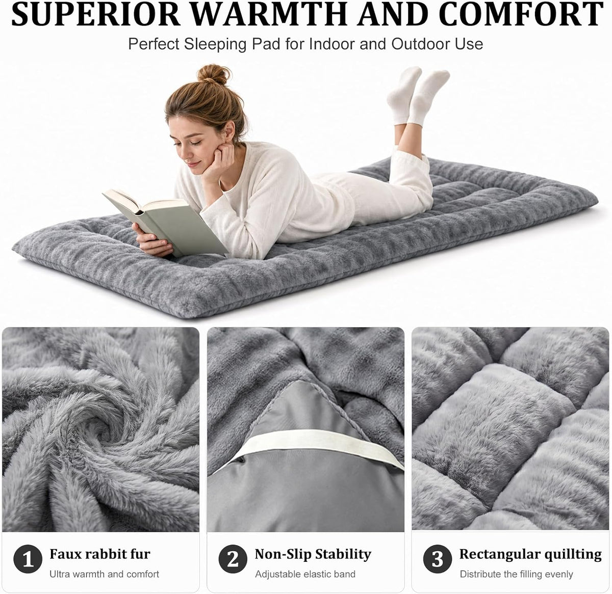 Thick Camping Sleeping Pad - Faux Rabbit Fur Ultra Soft & Non-Slip Sleeping Mat with Portable Roll up Camping Cot Pad for Travel Car Tent Guest Bed