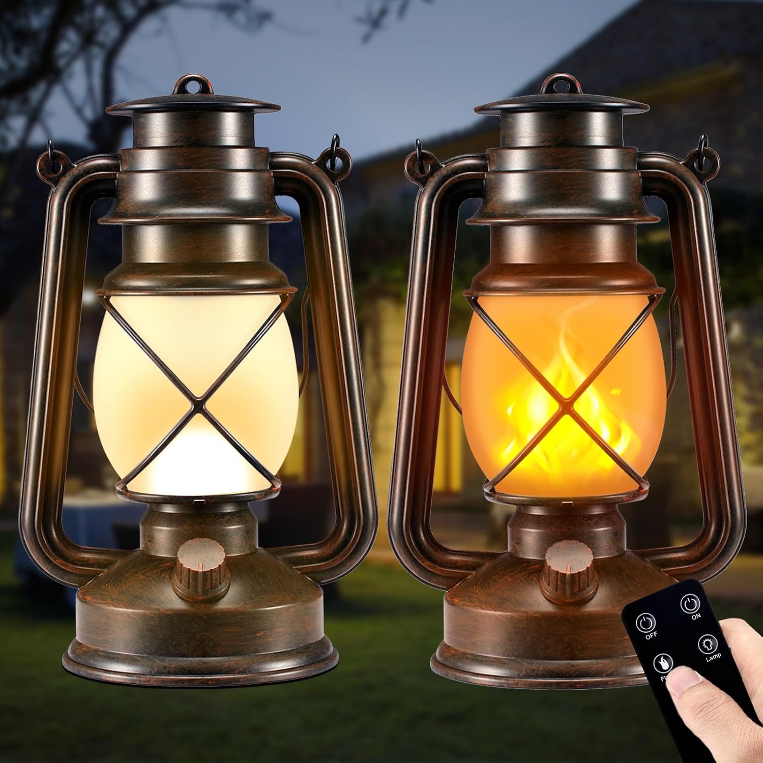 2 Pack Bronze Battery-Powered LED Lanterns with Flickering Flame and Remote