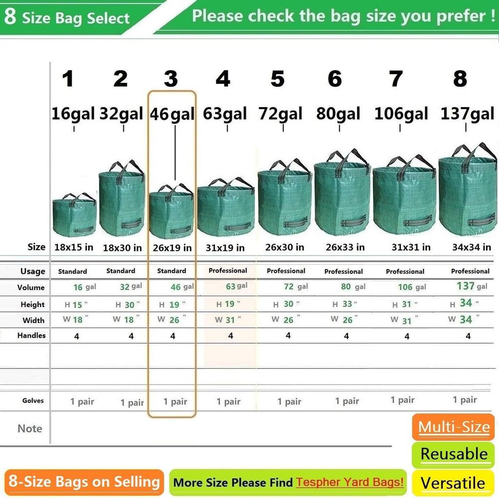 Standard 3-Pack 46 Gallon Lawn Garden Bags Big (D26,H19 in) Yard Waste Bags with Gardening Gloves for Leaf Bag,Yard Debris,Camping Waste,Garden Trash Container,Lawn Grass Clippings,Weeds Bag 4 Handles