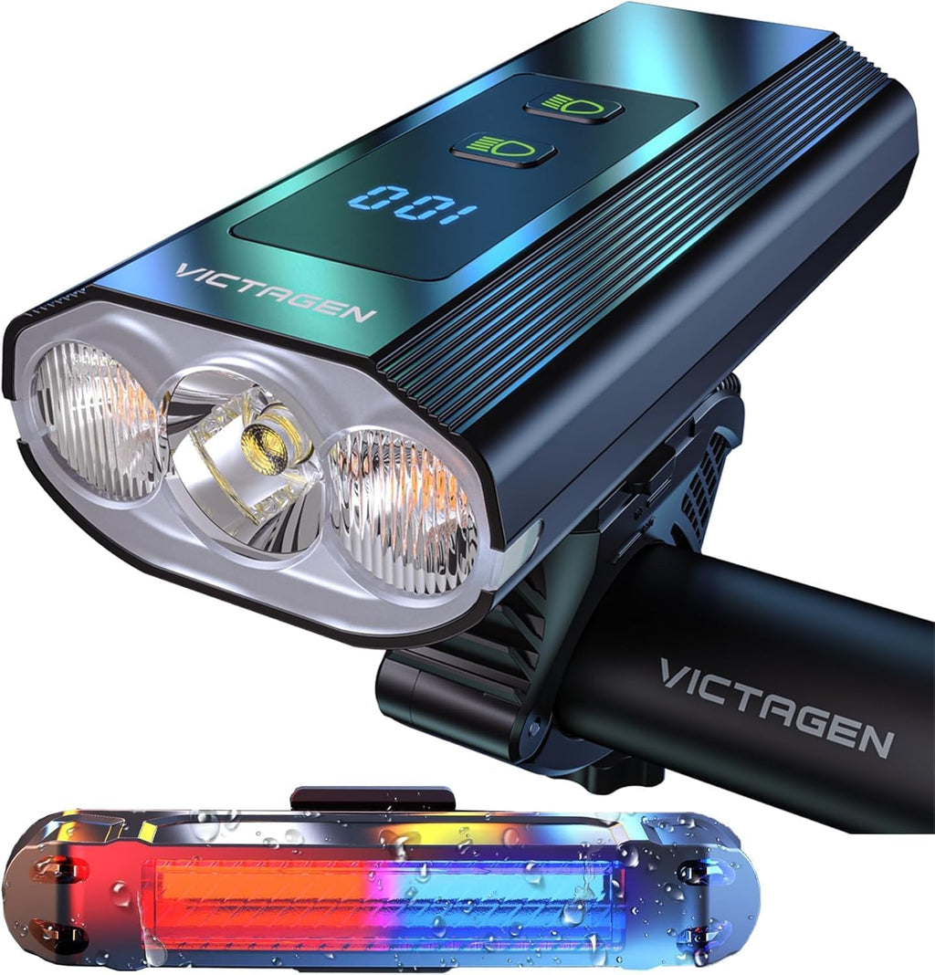 Victagen Super Bright Bike Lights 8000Lm for Night Riding, Super Bright 3 LED Lights for Bike/Bicycle Headlight with High Beam & Low Beam TypeC Rechargeable, Free Taillights