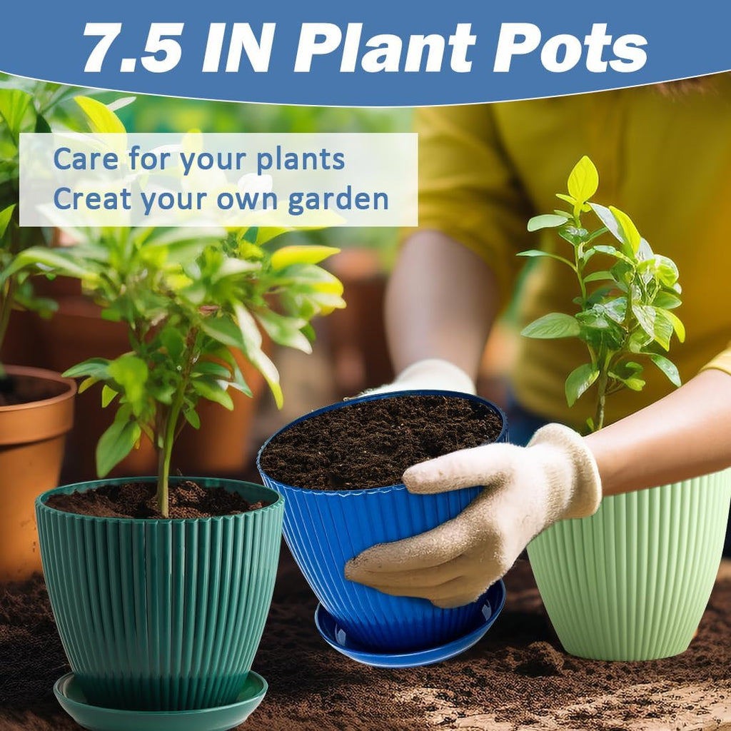 RooTrimmer 7.5 Inch Plastic Pots, 6 Pack with Drain Holes & Saucers