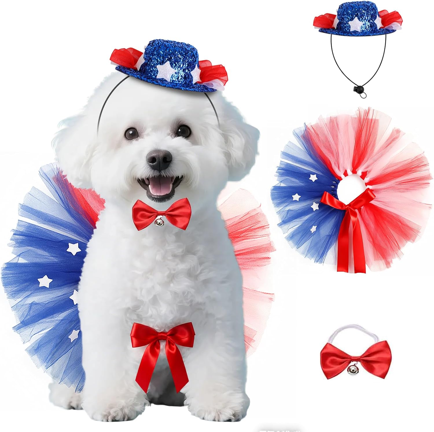 3 PCS Dog 4th of July Outfit, Cat Dog Costume Patriotic 4th of July with Tutu Skirt, Bowtie Collar and Hat Set, Independence Day Pet Accessories for Small Medium Dogs Cats