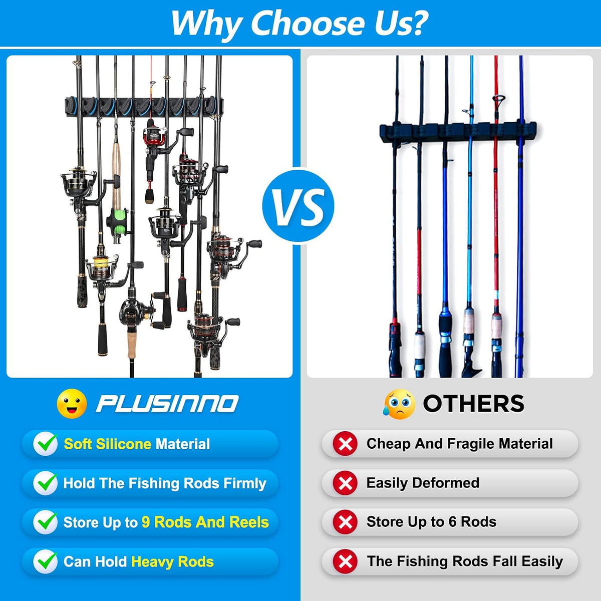PLUSINNO 4 Pack Vertical Fishing Rod Rack, Wall Mounted Fishing Rod holder, 4 Packs Fishing Pole Holders Hold Up to 36 Rods or Combos, Fishing rod holders for garage, Fishing Gear and Gifts for Men