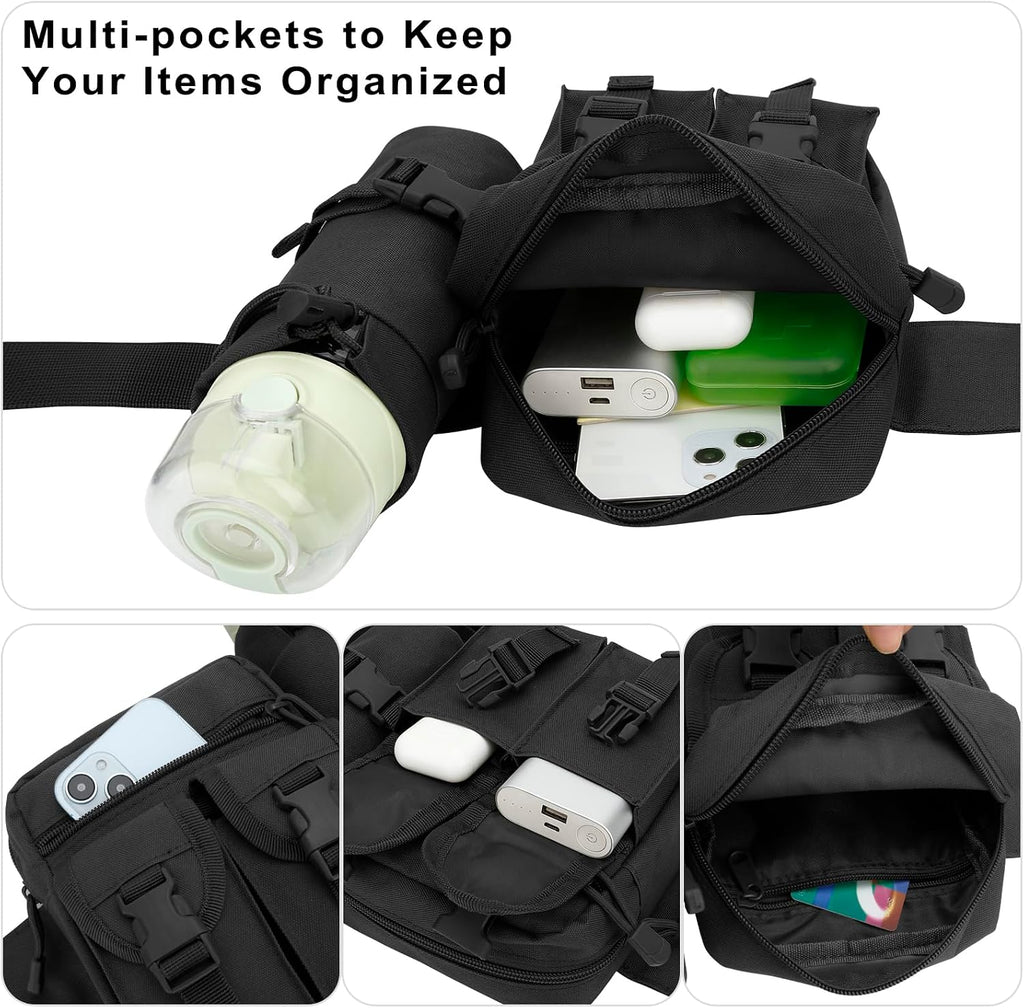 DOB SECHS Hiking Waist Bag with Detachable Water Bottle Holder and Adjustable Waist Belt Oxford Fanny Pack for Men Women Causal Belt Bag for Travel Outdoor Fishing Running Hiking Hunting,Black